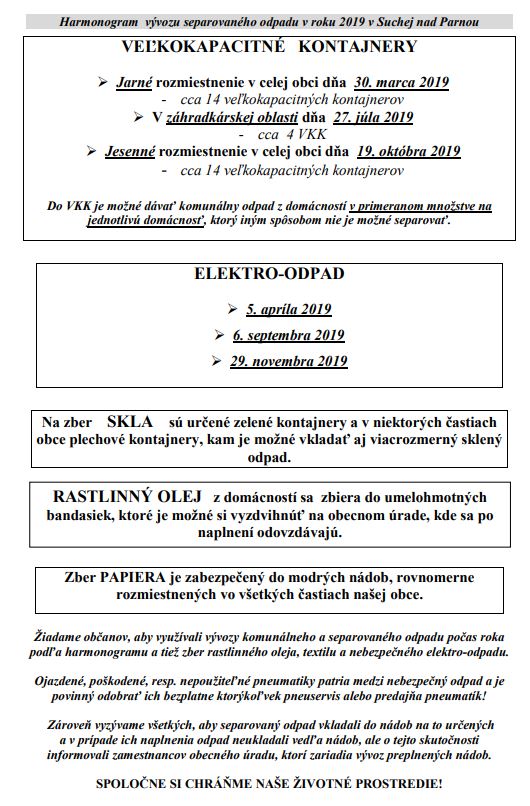 vývoz triedeného odpadu 2019